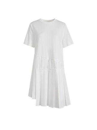 白色短袖不规则拼接百褶裙连衣裙女2024夏季新款T恤裙中长裙