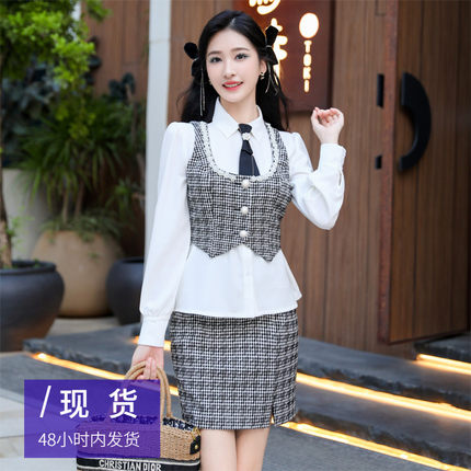 yesjing原创设计秋冬套装女款2022新款小个子经典千鸟格三件套裙