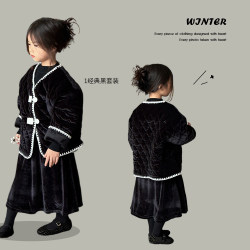 女童韩版小香风加绒外套2023冬装加厚保暖棉衣儿童冬季丝绒裙套装
