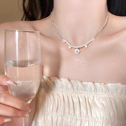 超闪锆石碎银子珍珠项链女2024年新款choker颈链轻奢小众锁骨链