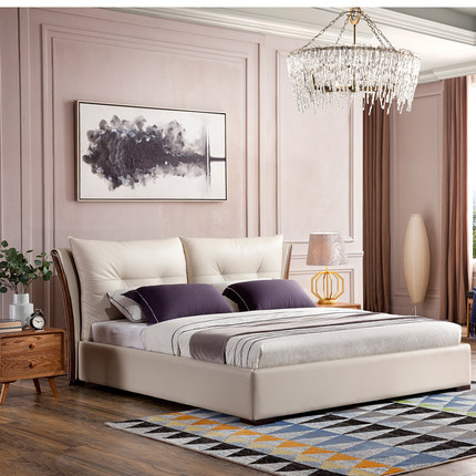 高端北欧现代简约主卧1.8米进口真皮羽绒床皮艺床品牌卧室家具