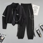 秋季工装套装2020年黑色女学生韩版宽松衬衫高腰帅气工装裤两件套