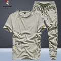 啄木鸟夏季休闲套装男士冰丝薄款短袖T恤长裤夏天运动服两件套