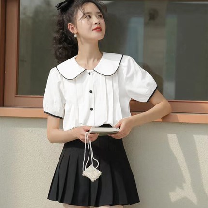 白色衬衫女短袖夏季新款洋气学生宽松娃娃领衬衣半袖小众法式上衣