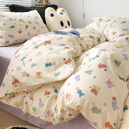 韩系彩色小熊纯棉四件套可爱全棉被套学生床上三件套1.5m床单床笠