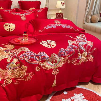 高档中式龙凤刺绣全棉婚庆四件套大红色床单被套纯棉陪嫁结婚床品