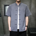 夏季中国风棉麻男士衬衫纯色大码宽松薄款盘扣七分中袖衬衫外套男