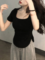 黑色纯欲短袖t恤女2024新款夏季法式甜辣短款小众设计感辣妹上衣