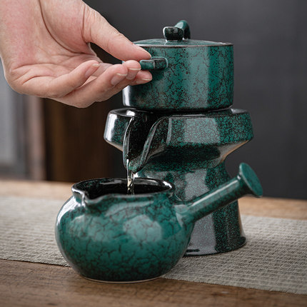 陶瓷懒人功夫茶具套装家用单个旋转石磨自动泡茶壶玻璃冲茶器茶杯