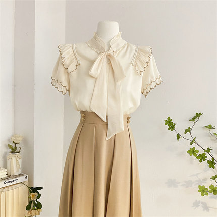 花边立领蝴蝶结雪纺衫法式温柔气质短袖衬衫女设计感洋气小衫上衣