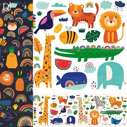 EPS矢量可爱卡通动物鳄鱼长颈鹿狮子鲸鱼彩虹插画儿童装饰素材PNG