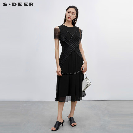 sdeer圣迪奥夏季露肩长裙复古肌理拼接设计感黑色连衣裙S222Z12E1