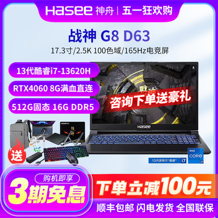 神舟HASEE 战神GX8R9/G8 D63/RTX4060 8G17.3吋 独显游戏本笔记本