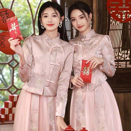 新中式伴娘服2024新款夏粉色长袖改良秀禾姐妹服伴娘团礼服裙显瘦