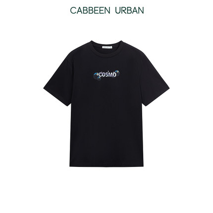 卡宾都市男装黑色短袖T恤2211132015潮流印花反光膜H