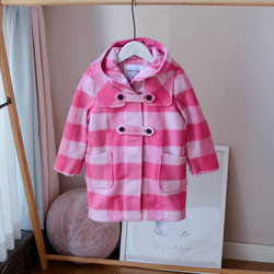 出韩国gao端78%羊毛~6-8岁女童120cm粉色格子呢大衣中长款外套冬