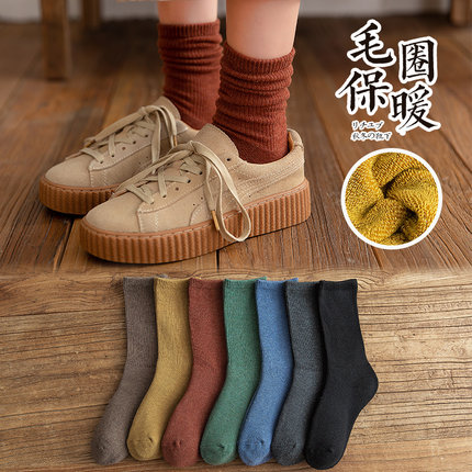 袜子女中筒袜长筒堆堆袜秋冬季加绒加厚保暖日系韩版ins潮纯色棉