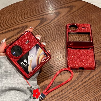 适用vivo x flip手机壳vivo折叠屏xflip新年款红色闪粉镶钻保护套