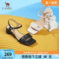 骆驼女鞋2024年夏季新款休闲凉鞋中跟一字带方跟时尚百搭凉鞋