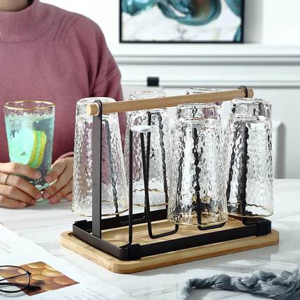 玻璃杯架子沥水杯架日式铁艺杯架厨房客厅木柄手提杯架托盘置物架