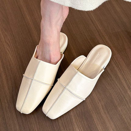 elingstudio 米白色方头半拖鞋女2024年新款春夏外穿低跟粗跟鞋子