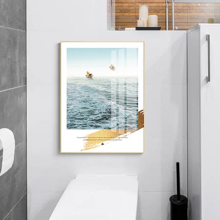 北欧抽象风景图案有框玻璃镜面浴室装饰画简约蓝色大海洋墙壁挂画