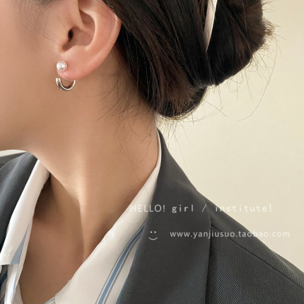 韩系C型素圈珍珠耳环女2024新款爆款独特耳钉小众设计感圆圈耳饰