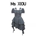 Ms XIDU 茶歇法式娃娃领格子连衣裙女夏不规则设计收腰拖尾蛋糕裙