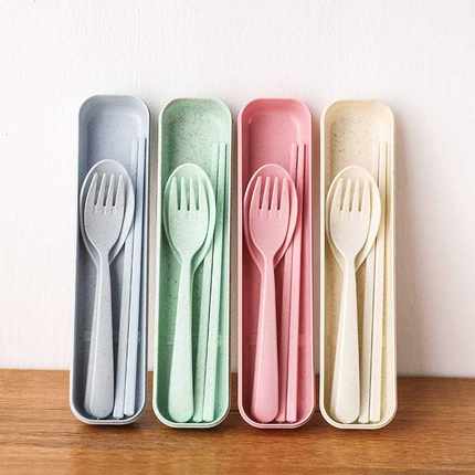 日式创意麦秸秆便携式餐具盒三件套装学生可爱筷子盒长柄勺子叉子