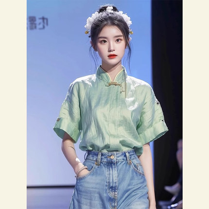 夏季新款新中式国风亚麻短袖衬衫女装薄荷曼波风绿色棉麻小衫上衣