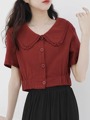 酒红色短袖衬衫女2024夏季新款设计感小众衬衣洋气短款娃娃领上衣