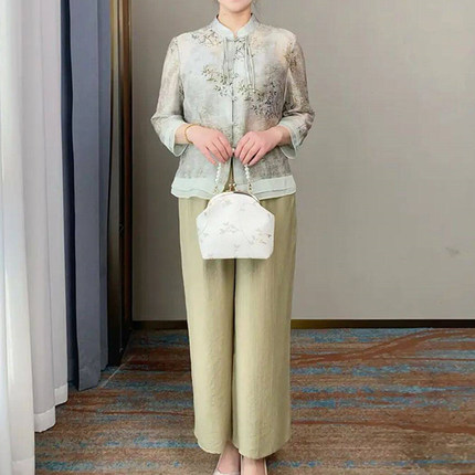 小鹿妈妈中国风套装新中式上衣中老年女装春夏洋气显瘦减龄两件套