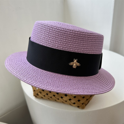 夏天高雅紫色短檐平顶礼帽遮阳帽小蜜蜂防晒度假沙滩百搭太阳草帽