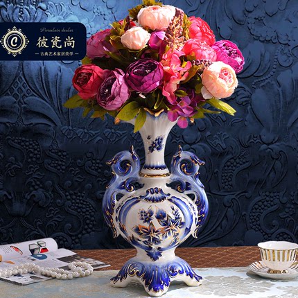 新中式高档奢华陶瓷花瓶摆件 客厅落地大花瓶 美式家居装饰品