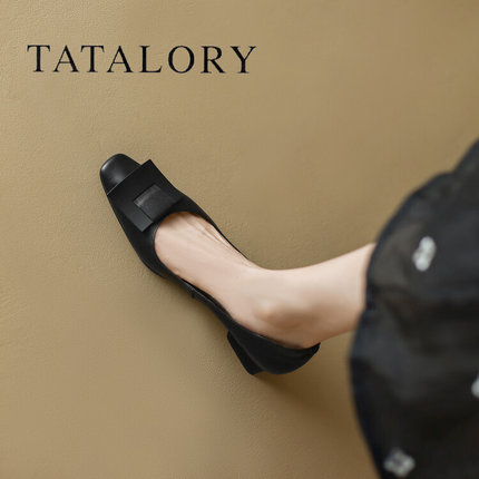 TATA LORY女鞋新款复古方头粗跟真皮方扣单鞋法式气质浅口高跟鞋