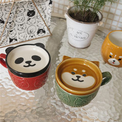 JW 日本CA家浮雕手感马克杯 可爱柴犬熊猫咖啡杯水杯牛奶杯带杯盖