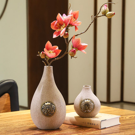 新中式简约插干花小花瓶套组书架茶桌装饰摆件粗陶瓷复古花器
