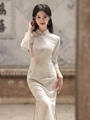米色蕾丝旗袍改良版年轻款少女秋季新中式国风盘扣温柔气质连衣裙