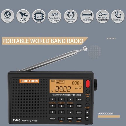 R108全波段收音机袖珍式充电数字专航空短波广播电台调谐