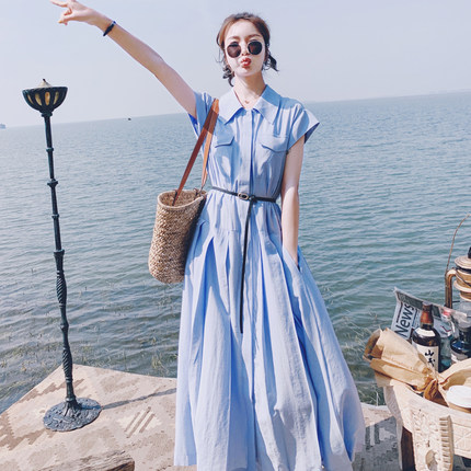蓝色法式轻熟风连衣裙女夏季2024新款设计感气质收腰显瘦衬衫长裙