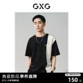 GXG男装 黑色拼接设计休闲宽松圆领短袖T恤男士上衣 24年夏新品