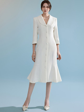 安娜杨家 支持DINT韩国专柜正品代购优雅修身翻领白色连衣裙D3755