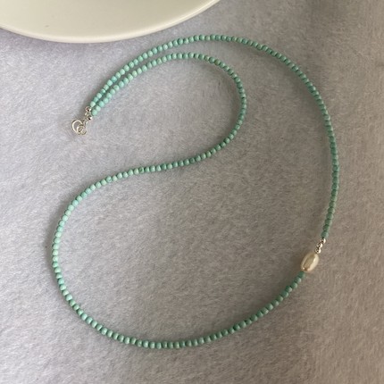 2.2mm天然无优化绿松石配珍珠项链小米珠串珠简约气质小众锁骨链