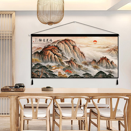 中式迎客松横版山水画挂布沙发背景墙墙布画电表箱客厅挂毯装饰画