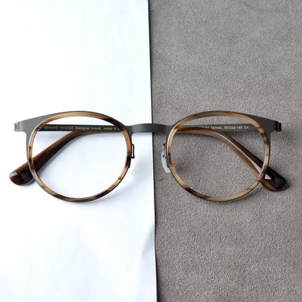 姜文同款9704诗乐林德伯格眼镜架近视超轻复古圆框钛合金牛角纹