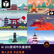 中国古典水墨风城市古建筑宫廷鼓楼国潮AI矢量插画设计素材海报