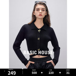 Basic House/百家好法式外穿polo领黑色针织衫女设计感修身上衣