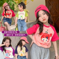 纯棉女童插肩袖撞色短袖T恤夏季新款儿童韩版洋气卡通印花上衣