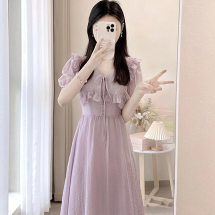 紫色连衣裙女夏季新款小个子高级感荷叶边法式V领收腰显瘦仙女裙