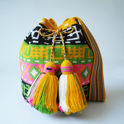 哥仑比亚WAYUU部落手工编织包瓦尤包双股大号蛋黄蓝绿粉艳丽配色